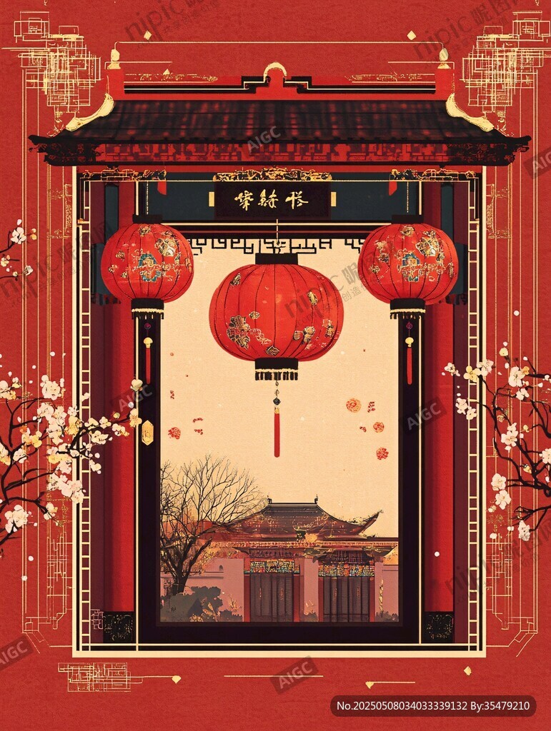 中式新春門(mén)樓燈籠美景