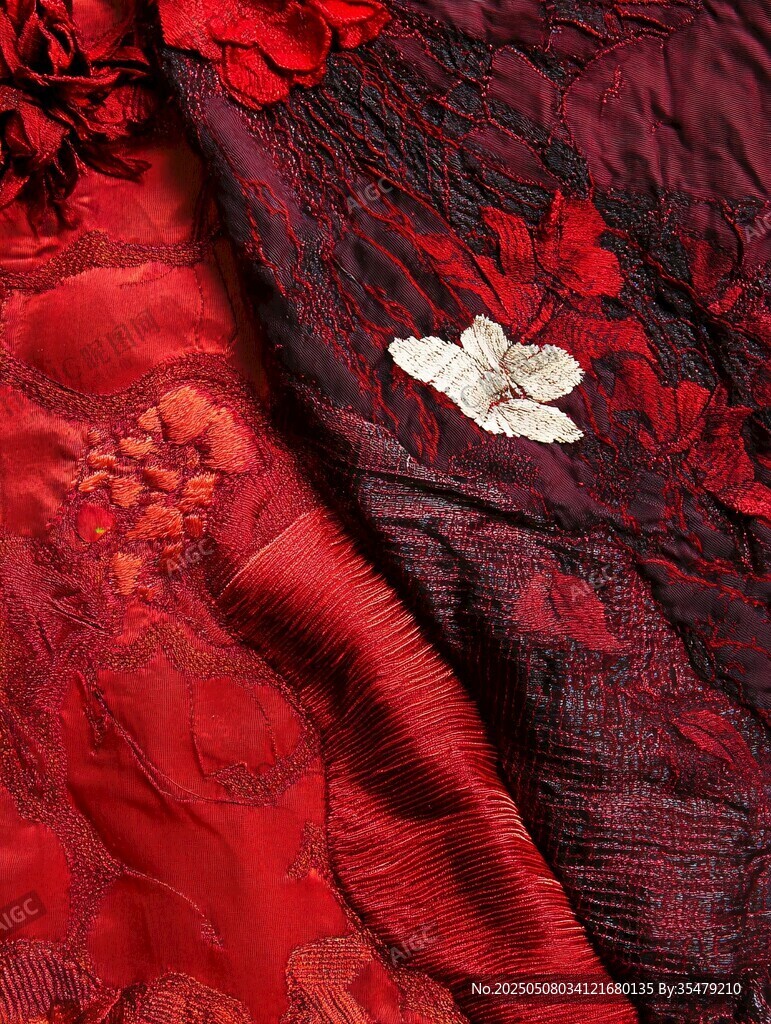 華麗刺繡紅織物細(xì)節(jié)展示