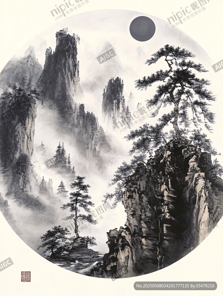 墨韻山水間的月夜之景