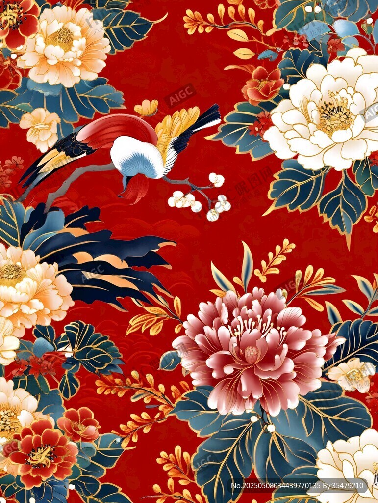中式紅底花鳥牡丹紋樣