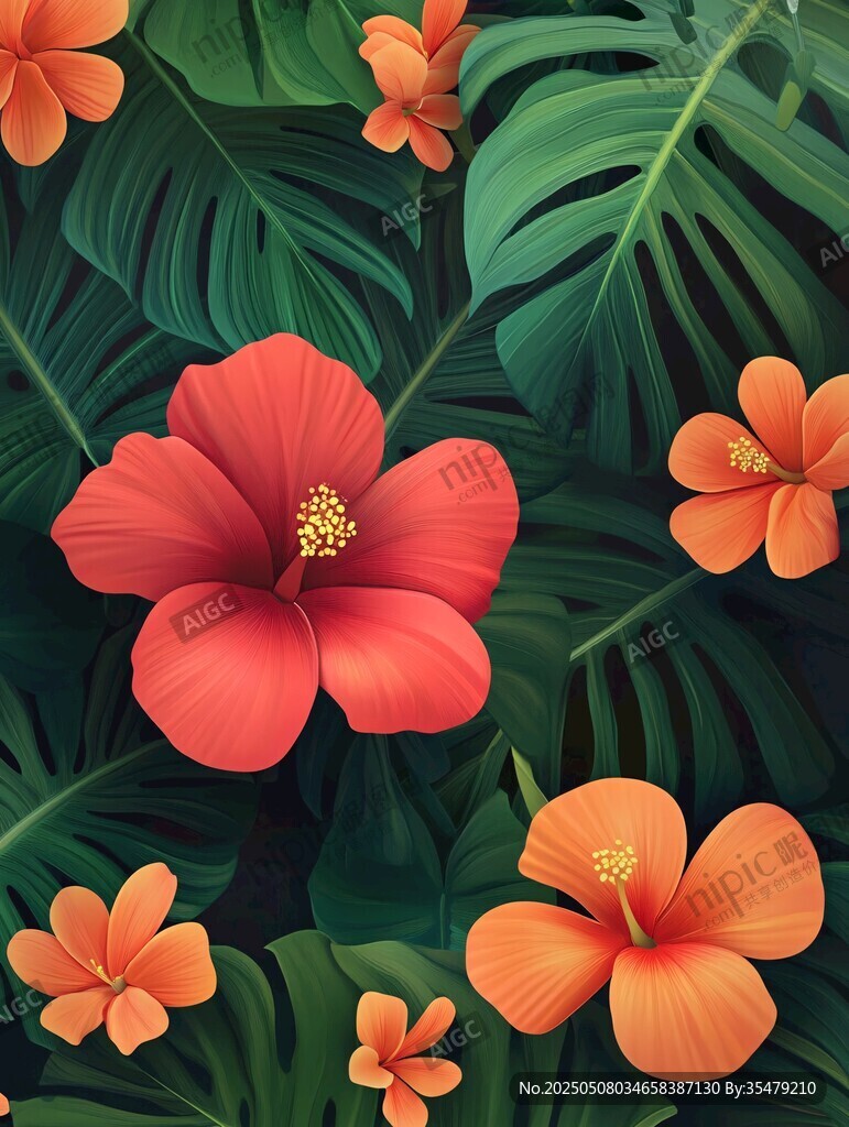 熱帶扶桑花與綠葉圖案