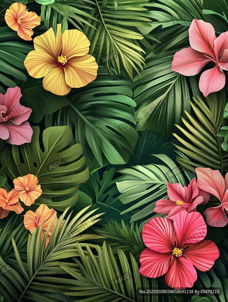 熱帶花卉與綠葉裝飾圖案