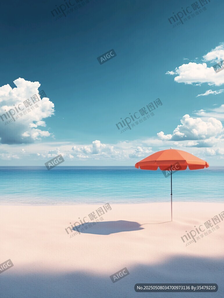 沙灘紅傘下的靜謐海景