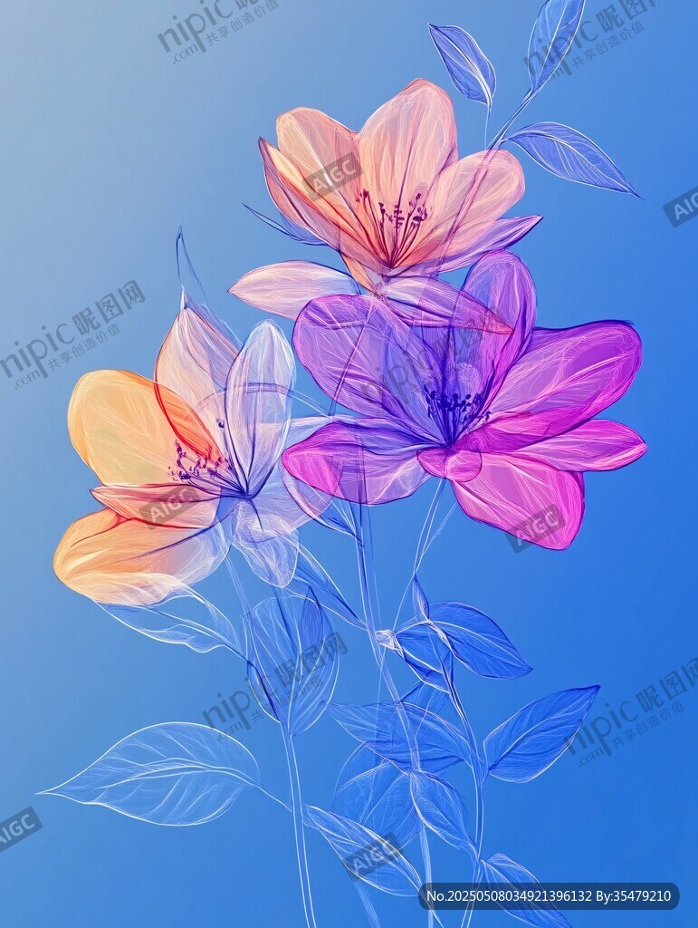 夢幻藍(lán)背景彩色花卉插畫