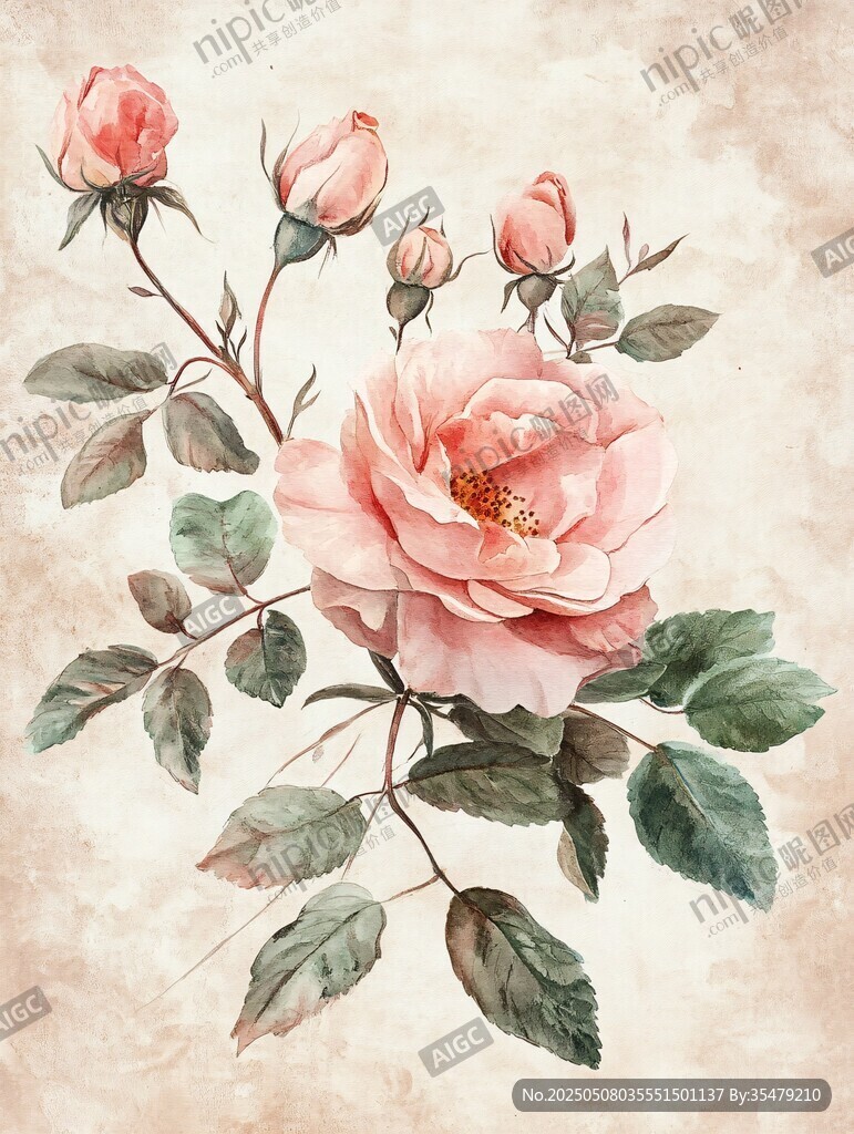 粉色玫瑰水彩花卉插畫(huà)