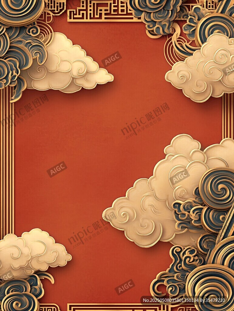 中式云紋紅底邊框背景圖