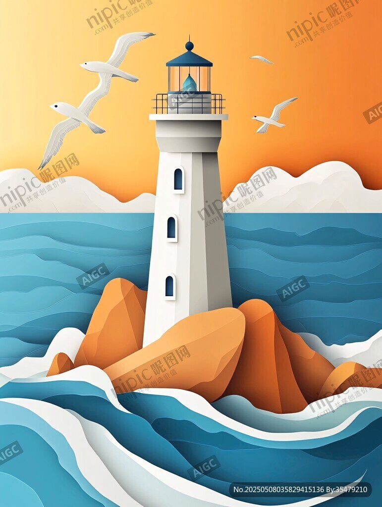 海邊燈塔與飛翔海鷗景象