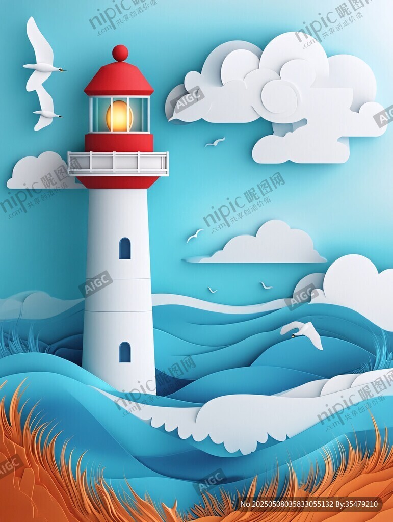 海邊燈塔的夢幻紙藝風景
