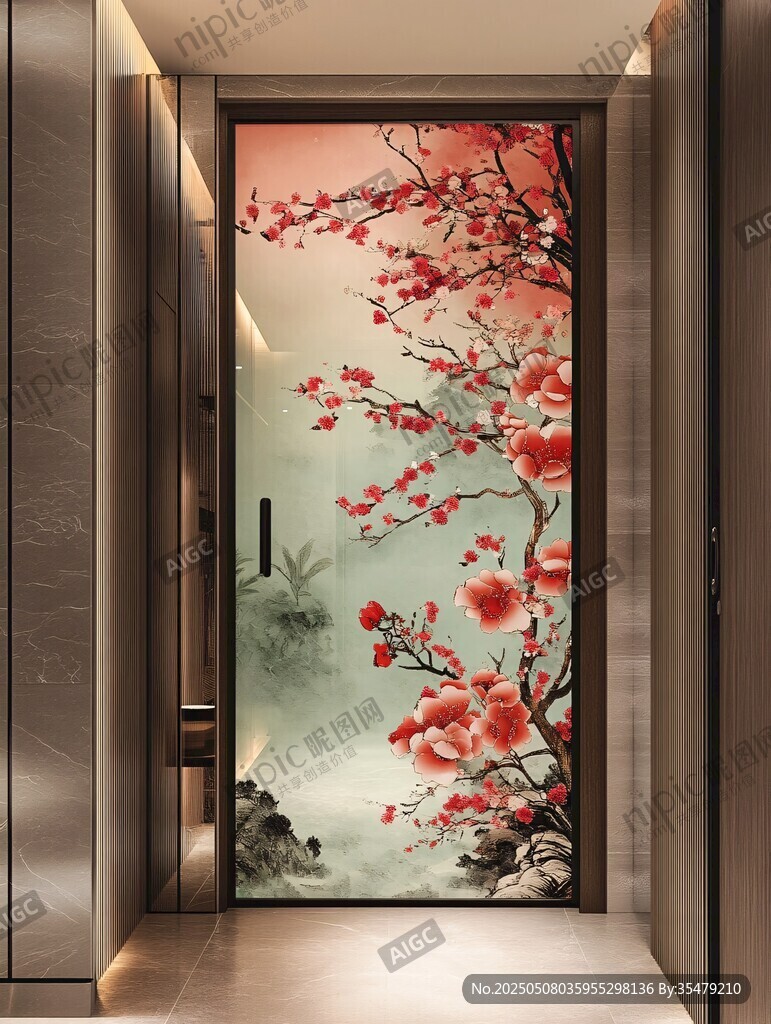 中式玄關(guān)紅梅藝術(shù)玻璃門