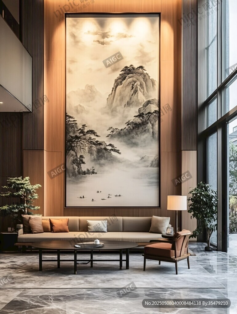 中式客廳中的山水墨畫裝飾