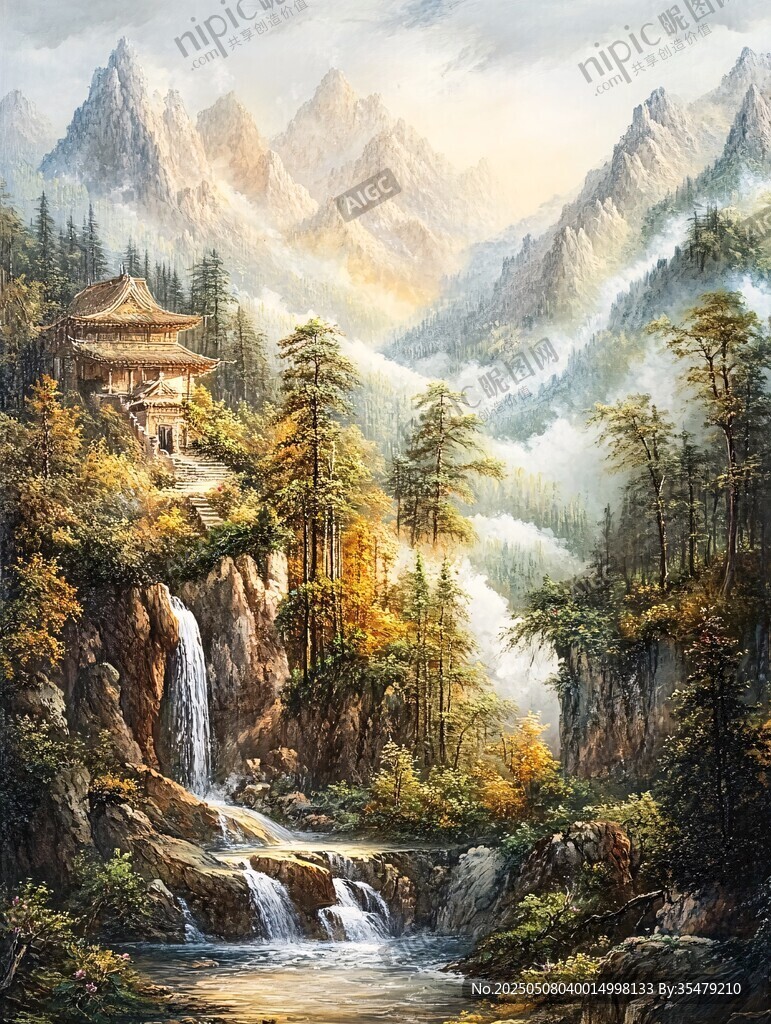 山間古亭伴飛瀑美景