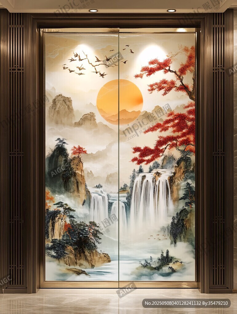 中式山水意境入戶門裝飾畫
