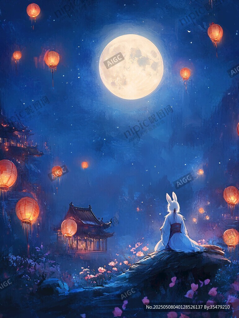 月夜玉兔賞景放天燈