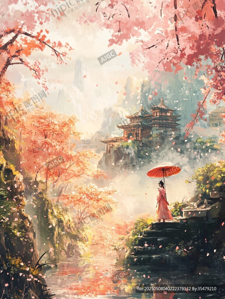 古風(fēng)佳人撐傘賞爛漫秋景
