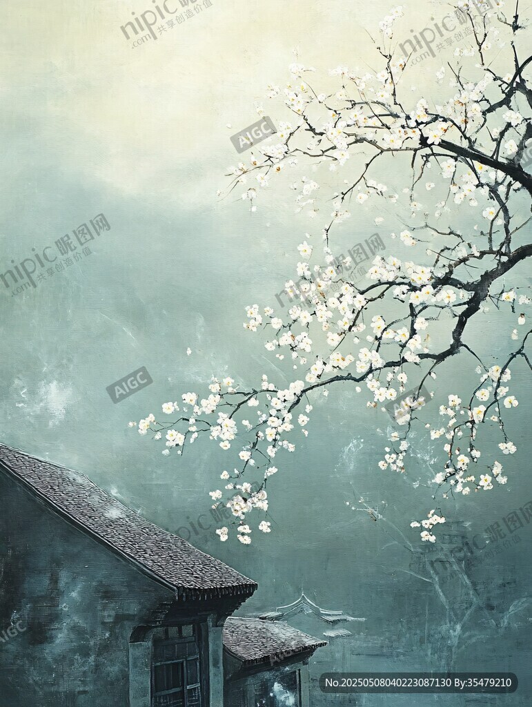 水墨春景中的古樸屋舍