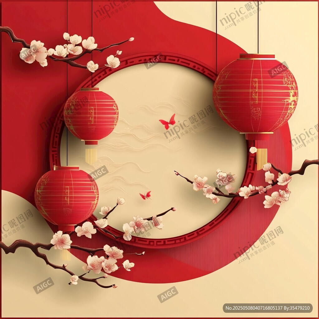 中式新春燈籠梅花裝飾圖