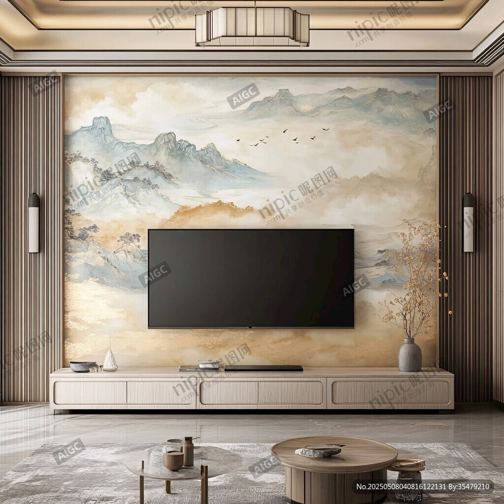 中式山水風(fēng)客廳電視背景墻