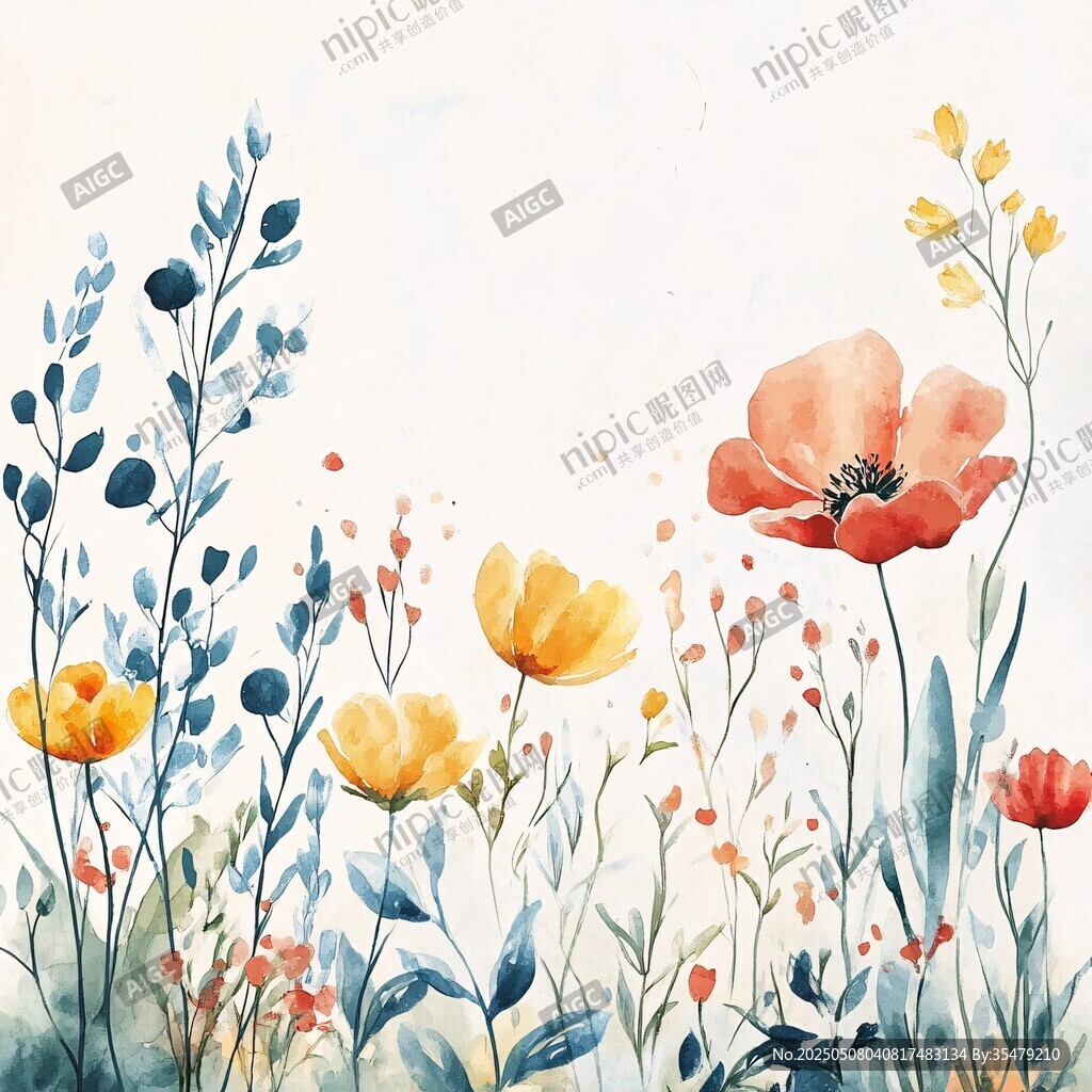水彩繪就的爛漫花卉風景