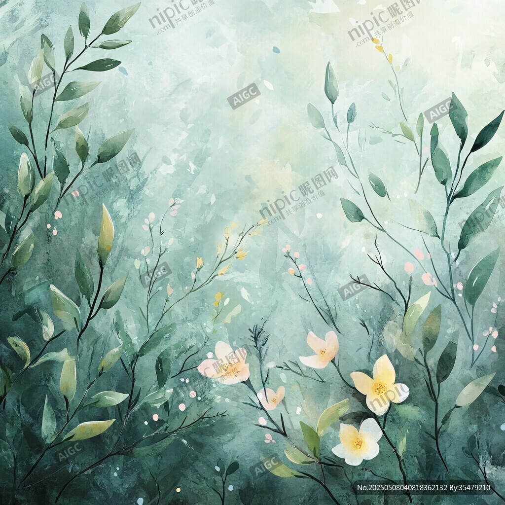 清新水彩風綠植花卉背景圖