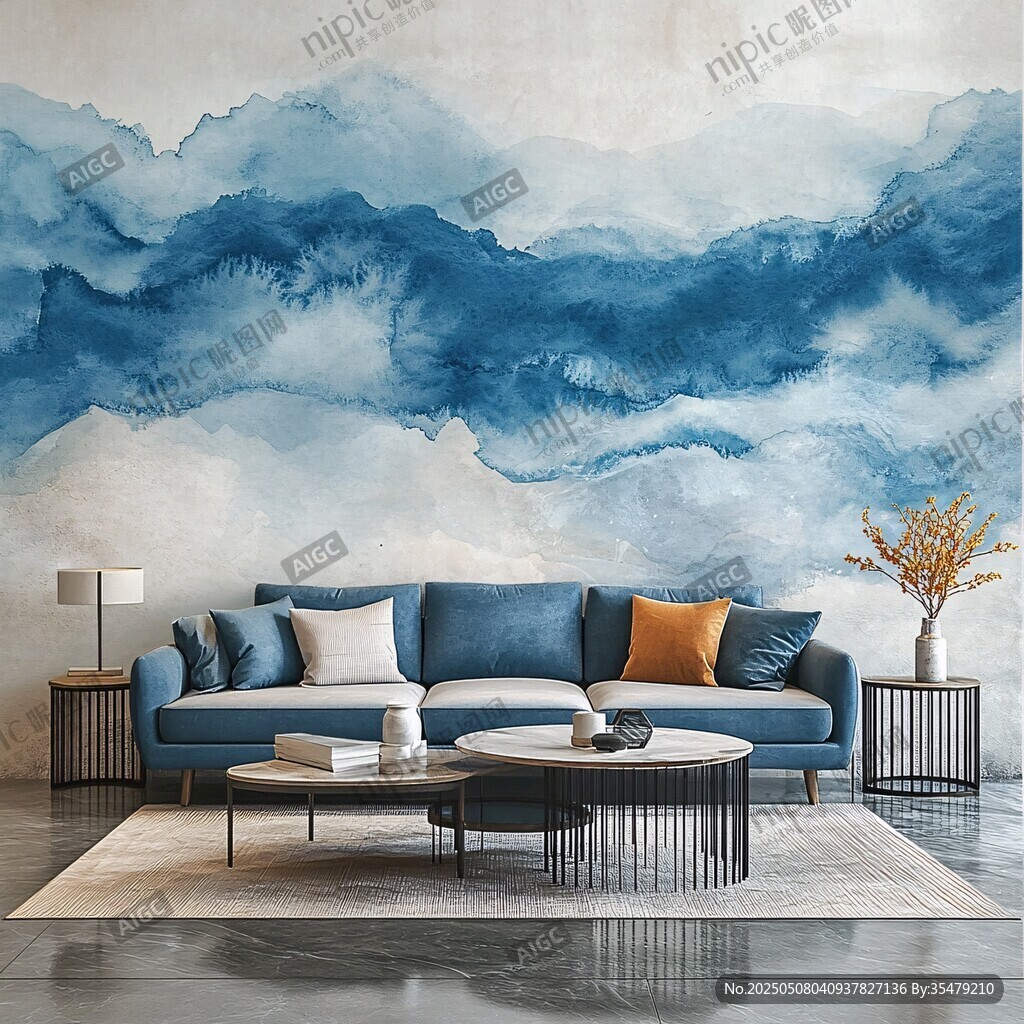 藍(lán)調(diào)山水風(fēng)客廳沙發(fā)場(chǎng)景