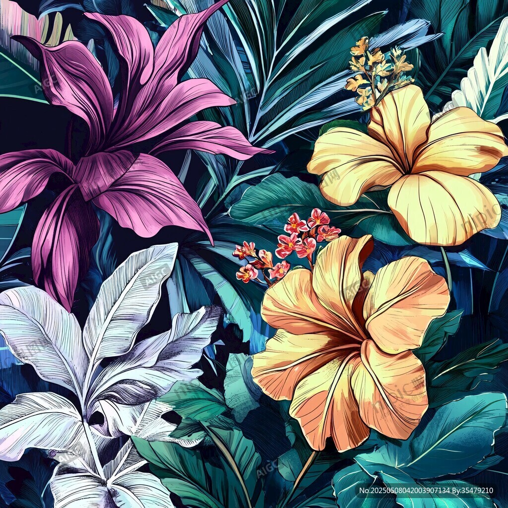 熱帶花卉植物絢麗插畫