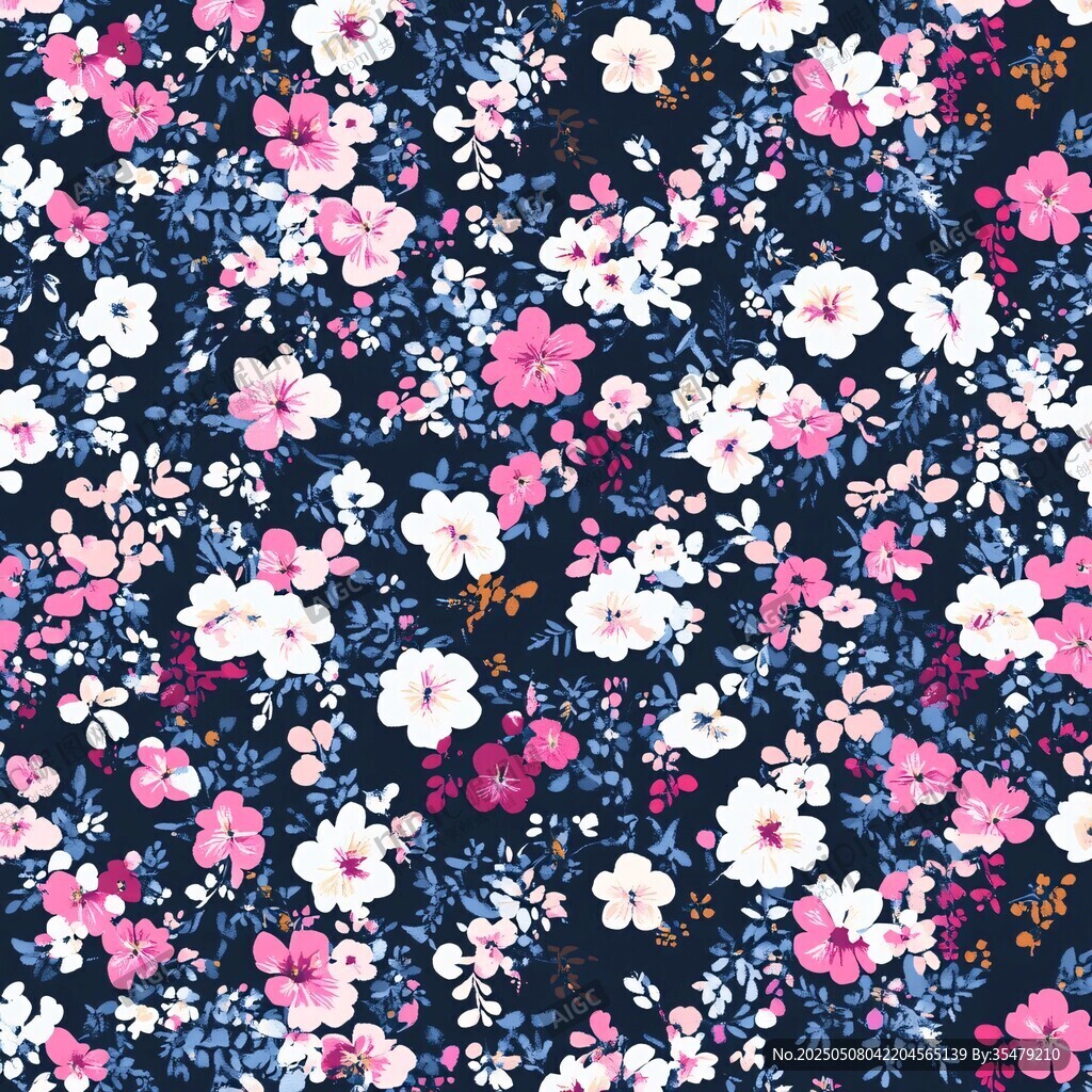深藍(lán)底繽紛花卉圖案