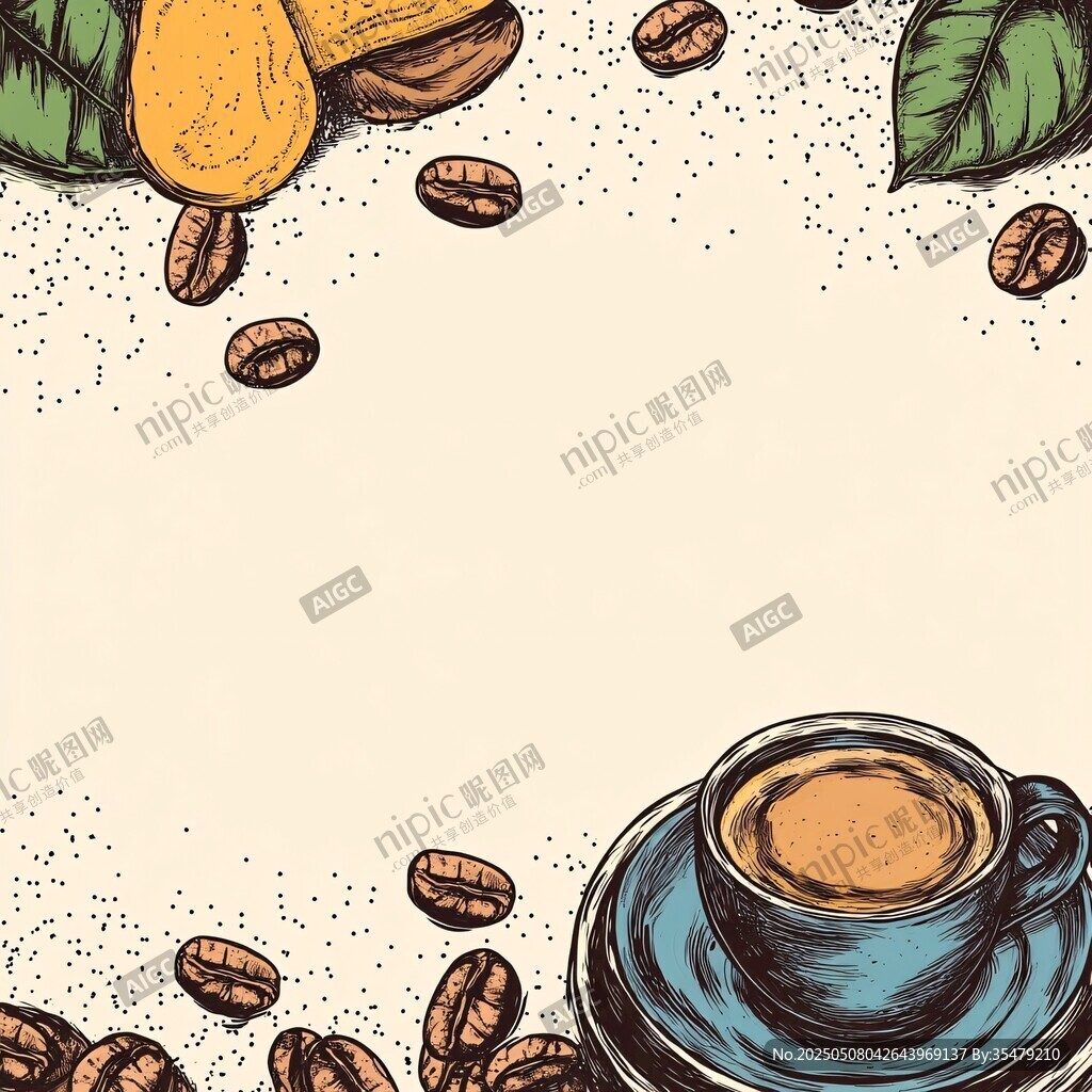 手繪咖啡場(chǎng)景 咖啡豆與杯