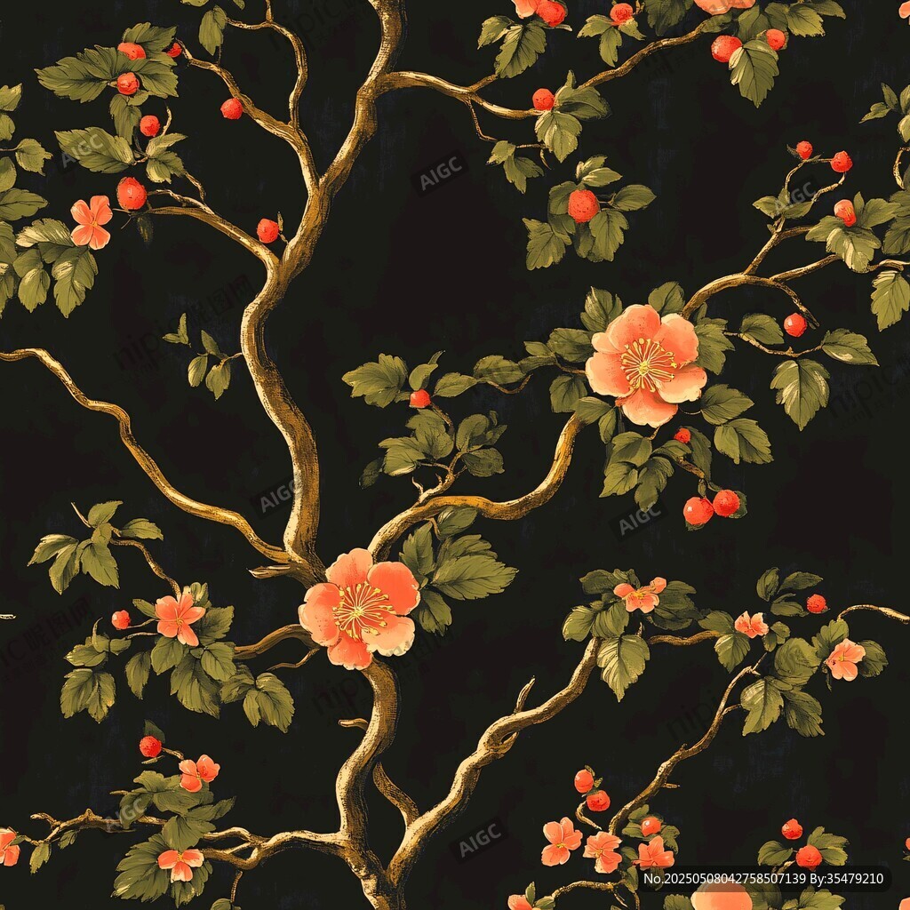 黑色底花卉枝葉精美圖案
