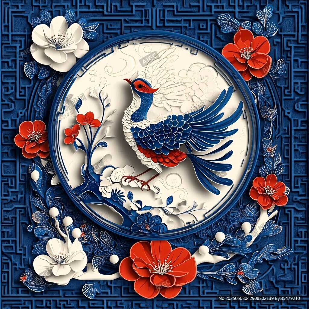 中式花鳥剪紙風立體裝飾畫