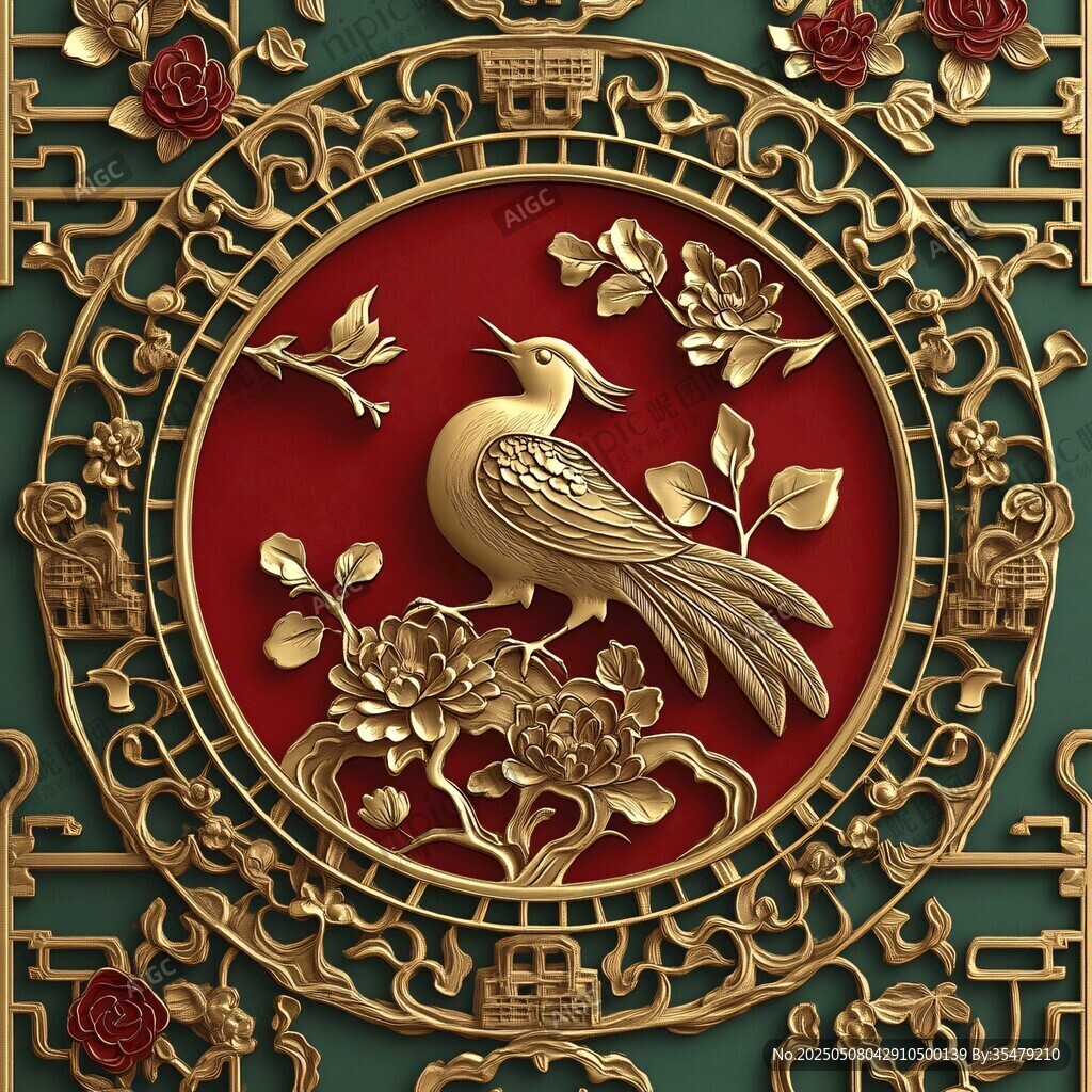 中式金鳥花卉浮雕裝飾圖