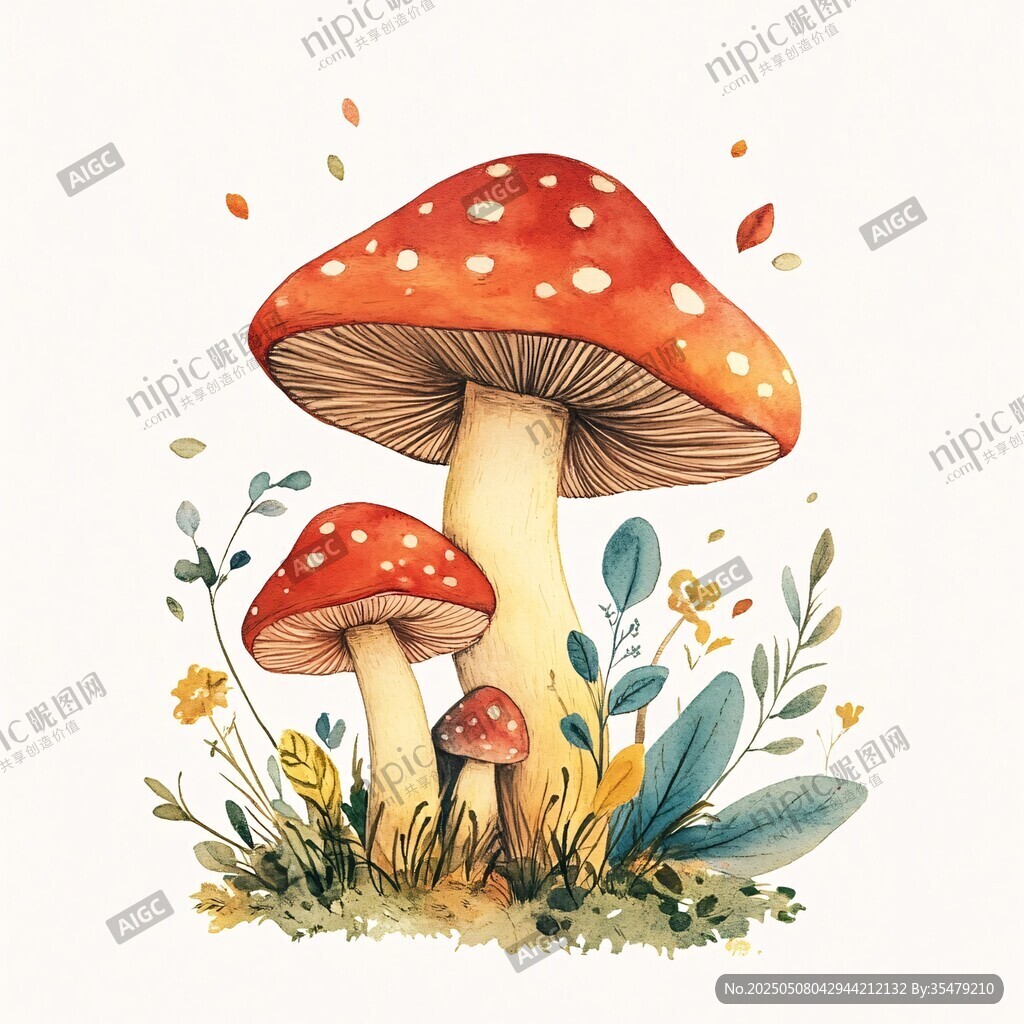 水彩風(fēng)蘑菇與花草插畫