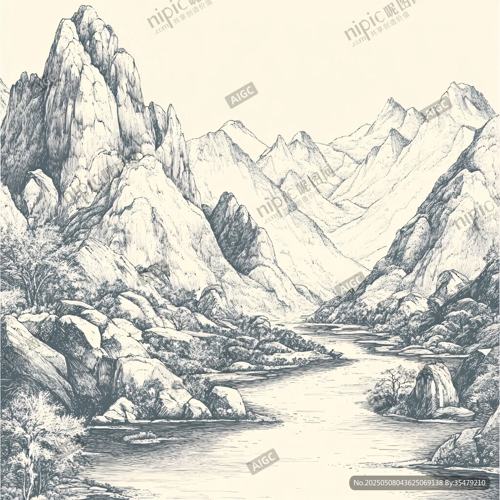 黑白山水繪景圖