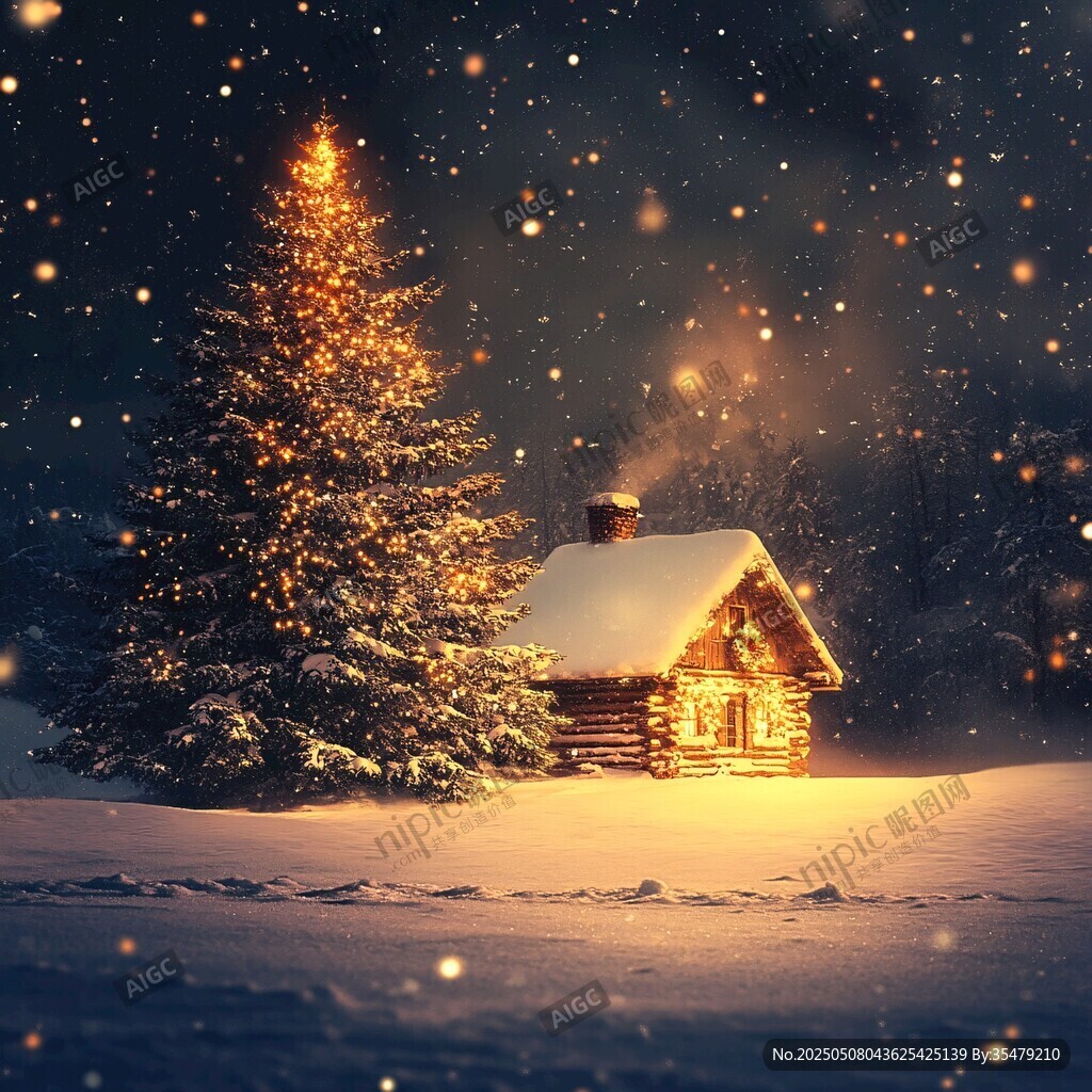雪夜中的溫馨小屋與圣誕樹
