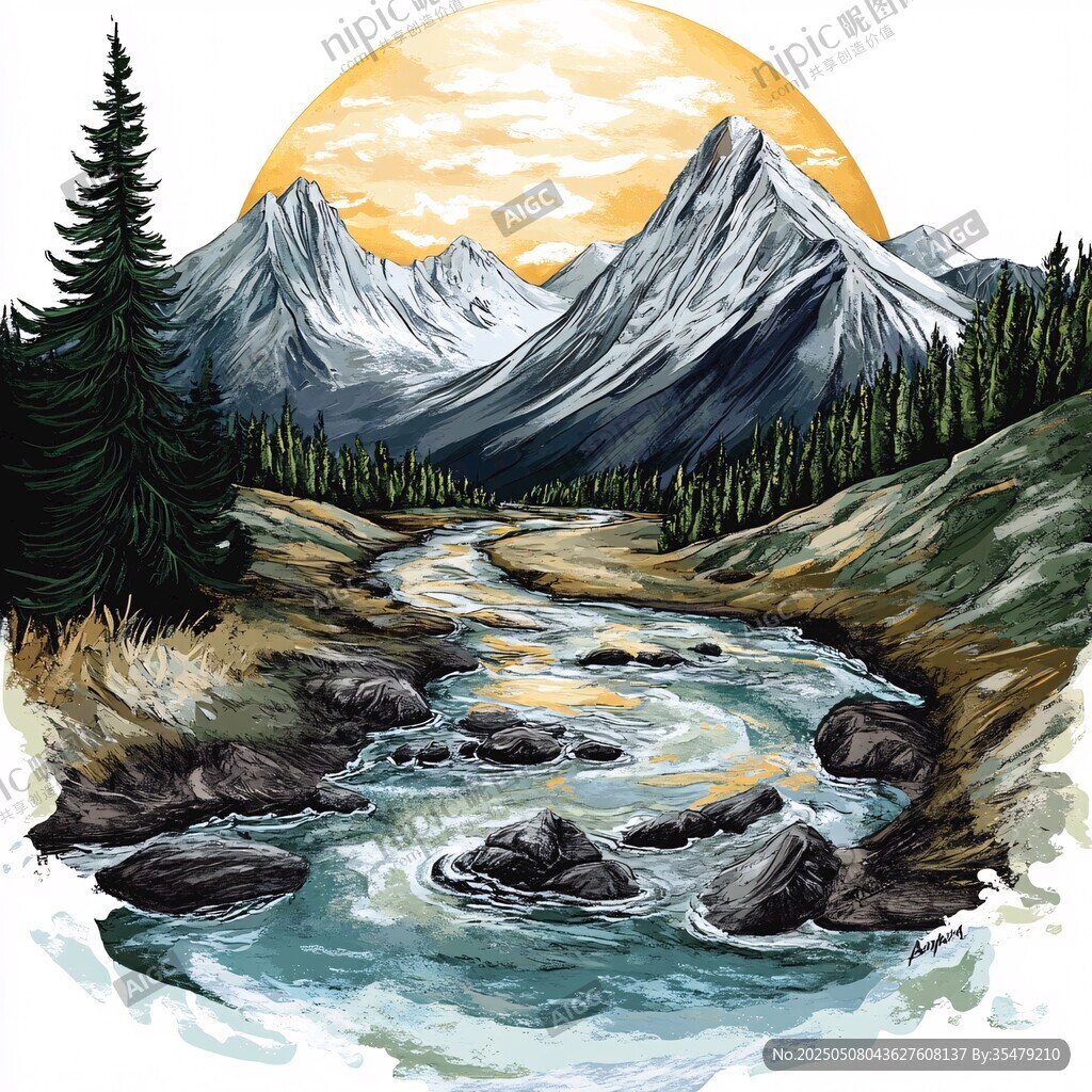 山間溪流伴落日美景