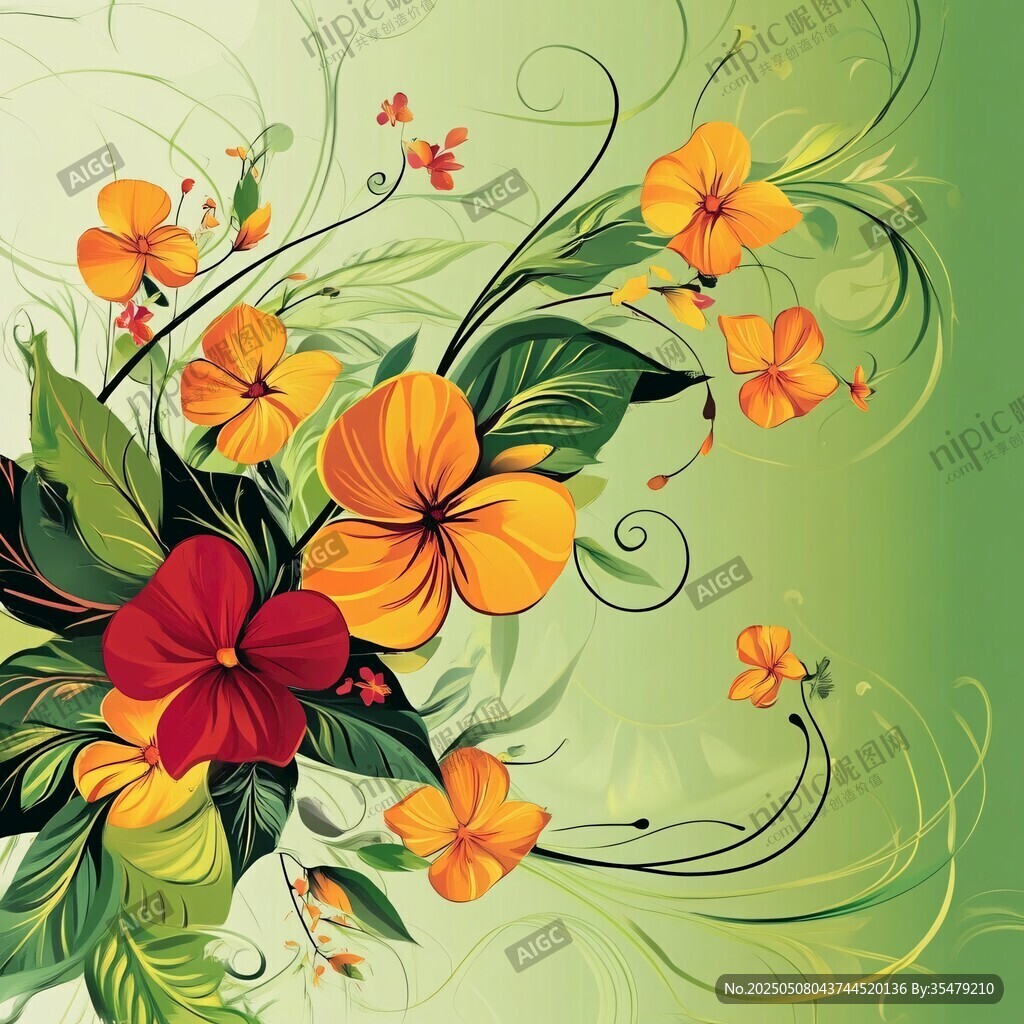 繽紛花卉插畫 綠意背景