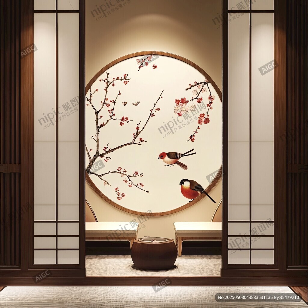 中式圓窗花鳥雅致室內(nèi)景
