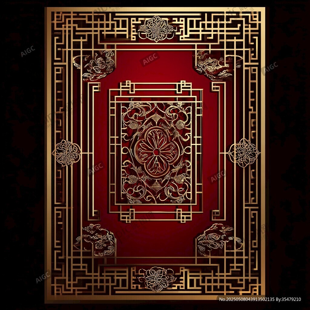 中式紅金古典花紋邊框圖案