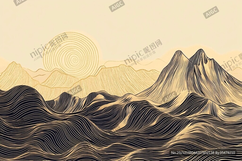 山川落日線條風(fēng)插畫(huà)