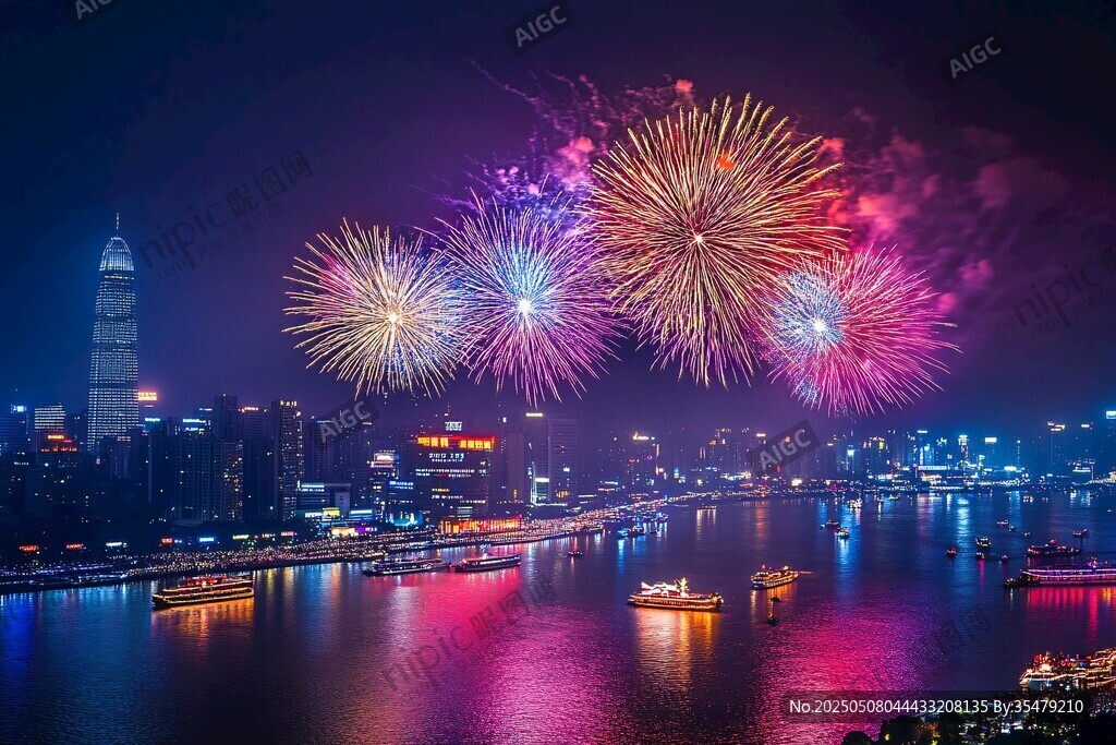 城市夜空中絢爛的煙花秀