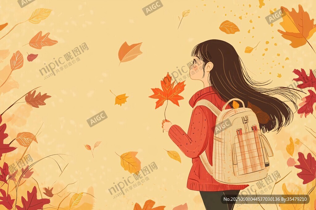 秋日少女漫步賞葉