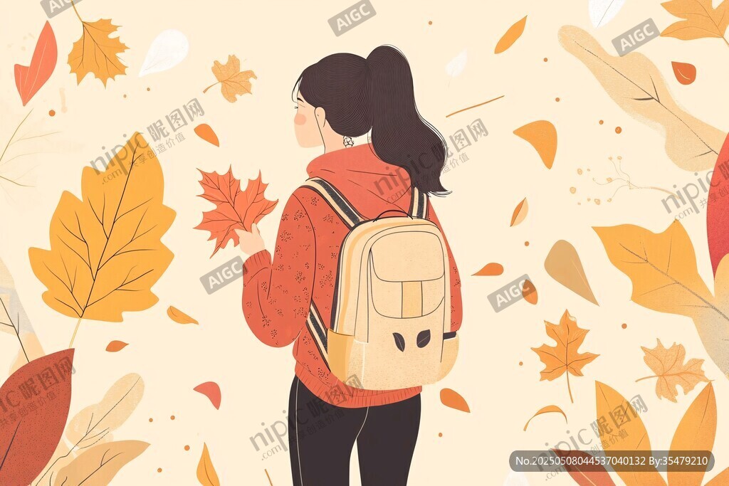 秋日少女漫步賞葉