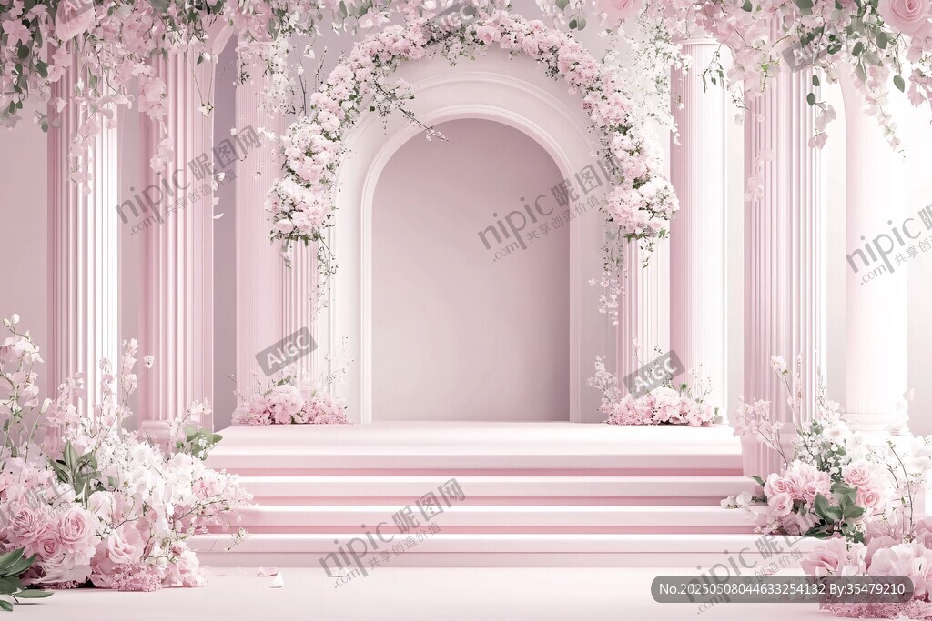 夢幻粉色花卉婚禮拱門場景