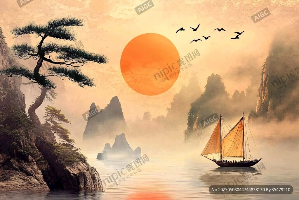 夕陽下的山水帆船美景