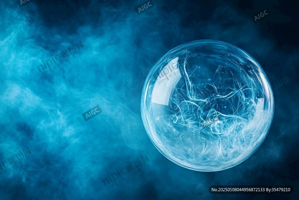 夢(mèng)幻藍(lán)色煙霧中的透明球體
