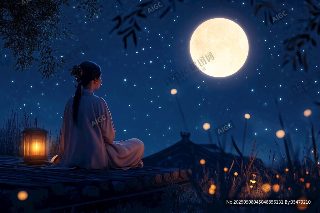 女子月夜獨坐賞景