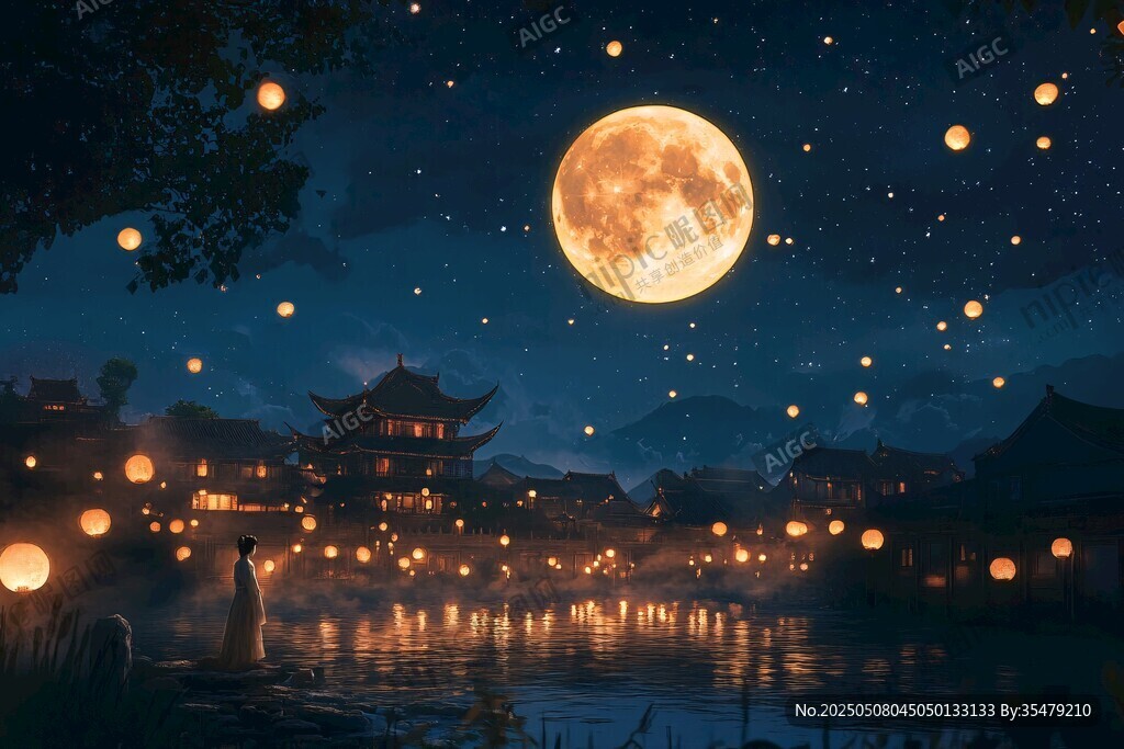 月夜古景 湖畔燈火映圓月