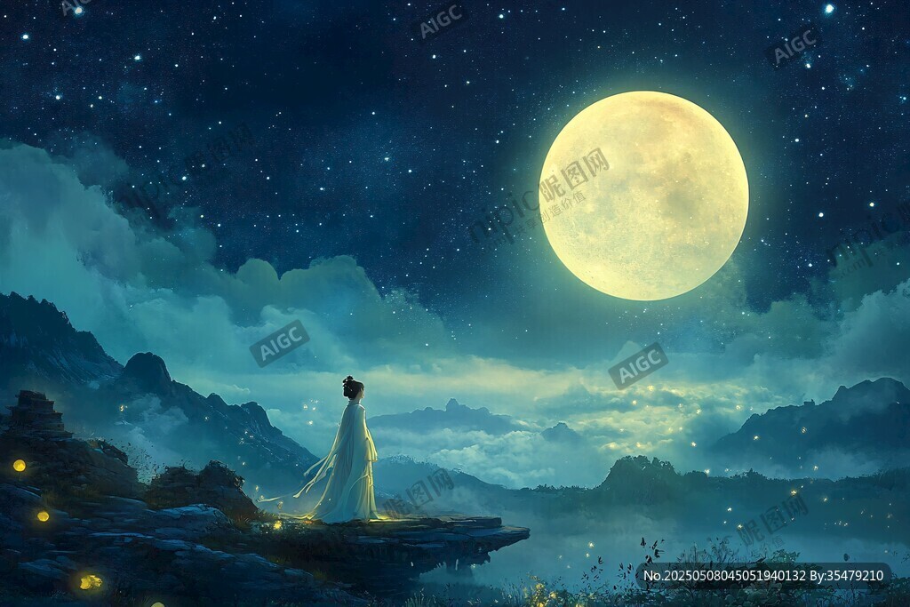 月夜佳人立崖賞景