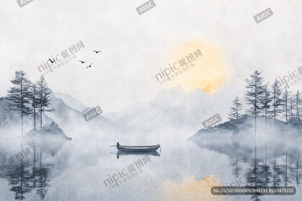 水墨山水間的孤舟落日景