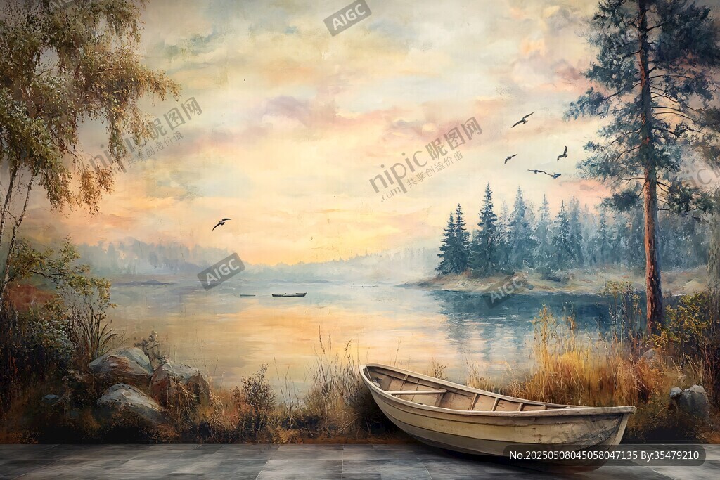 湖畔孤舟 靜謐黃昏美景
