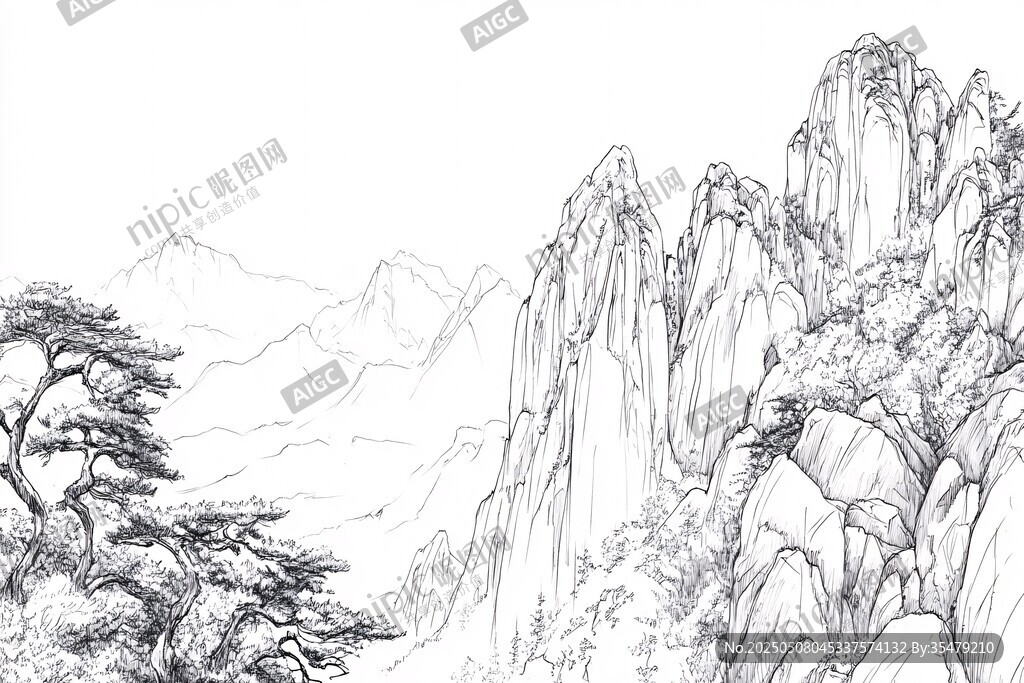 水墨山水線稿圖
